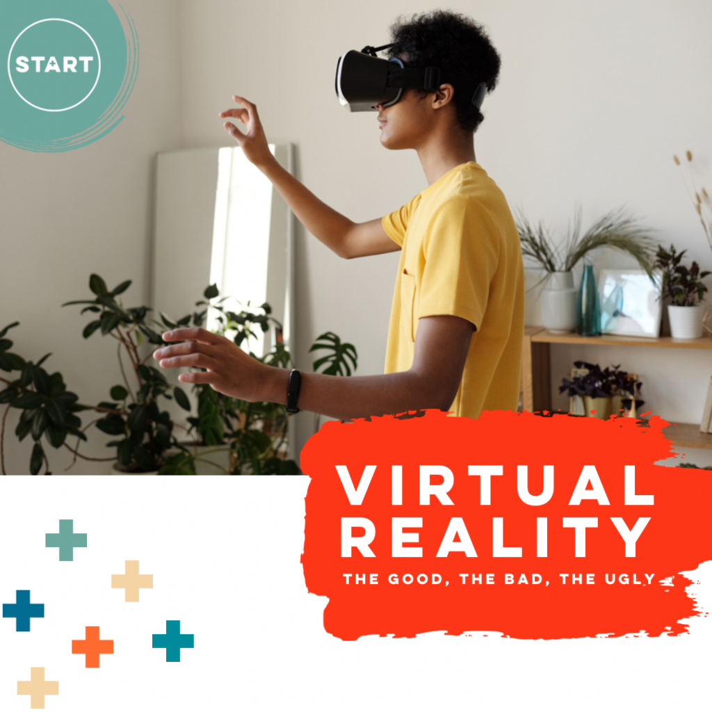 Photo of kid wearing virtual reality goggles and playing videogame. Text overlay reads “Virtual Reality: the good, the bad, the ugly”