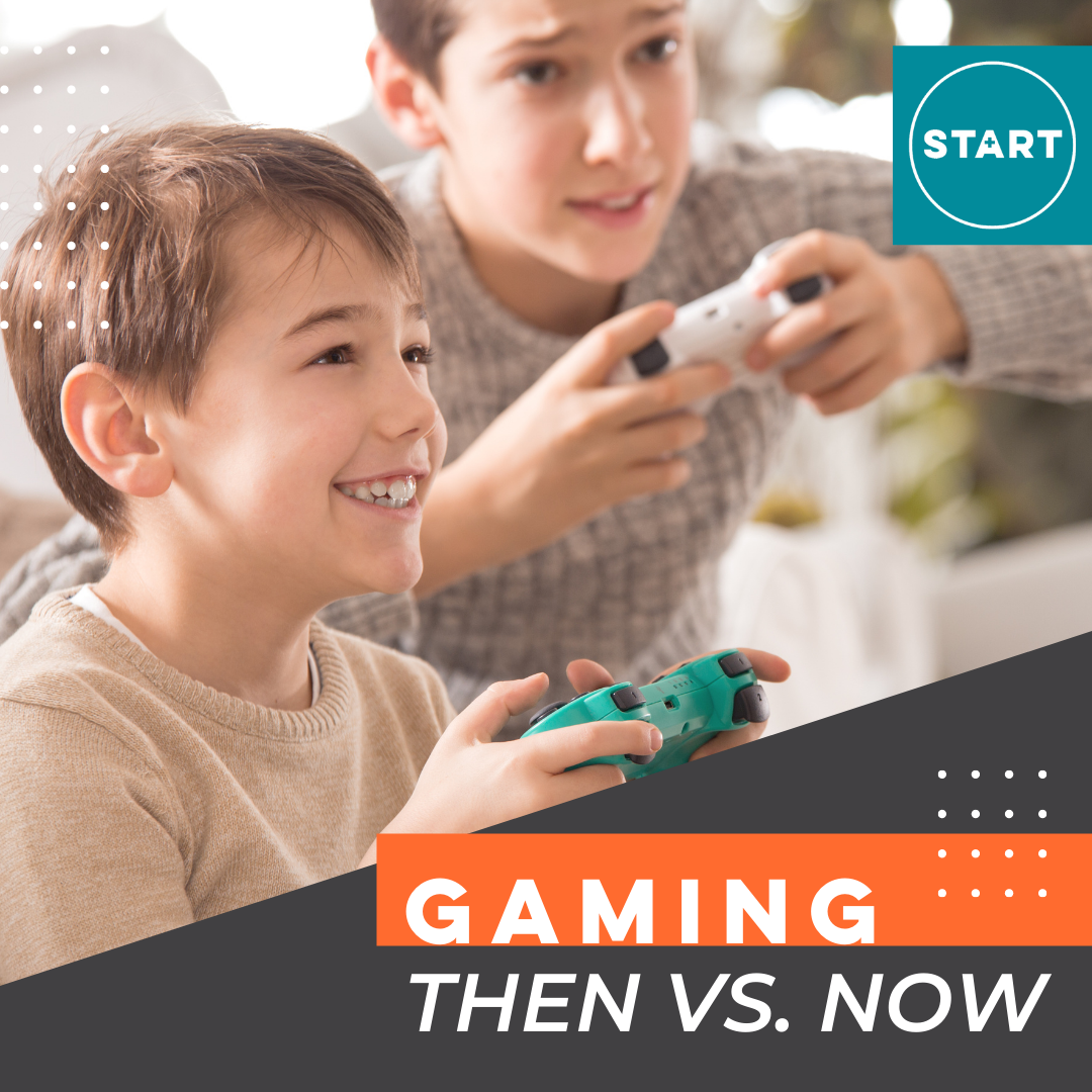 Two kids playing videogames together. Text overlay reads “Gaming Then vs Now”