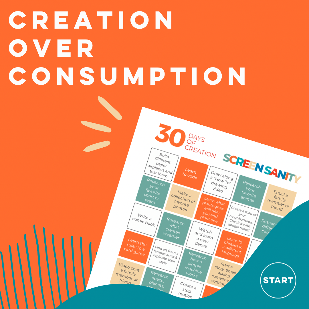 Orange and turquoise graphic with 30 Days of Creation resource overlayed. Text Reads “Creation Over Consumption”