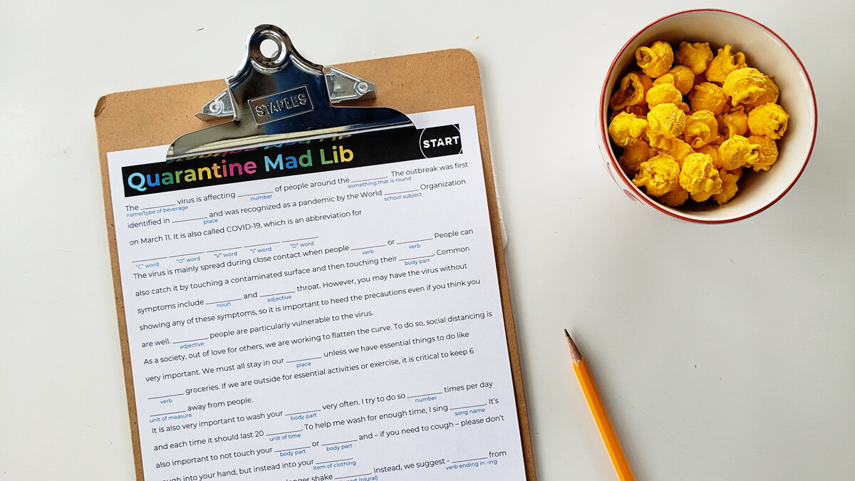 Looking for a fun activity to help your family unplug at dinner? Print out and complete this "quarantine mad lib" with your family. It's also fun for Zoom play dates - one kid can ask the other kid for the words and then read the story and they will…