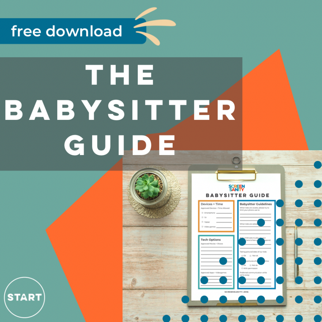 Blue and orange graphic with photo overlay of Babysitter Guide resource on a clipboard. Text overlay reading “Free Download, The Babysitter Guide”