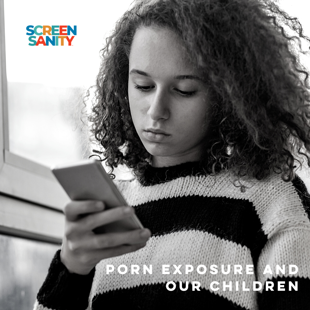 Black and white photo of teenager looking at phone. Overlay text reads “porn exposure and our children”. Screen Sanity logo in top left corner.