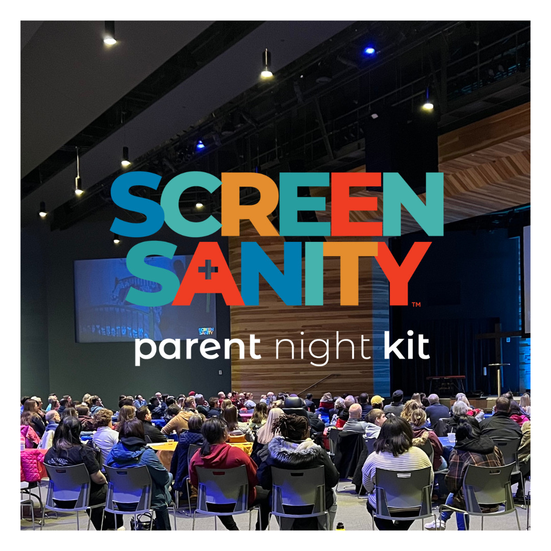 Screen Sanity Parent Night Kit text over photograph of several parents in an auditorium viewing the screen sanity parent night kit