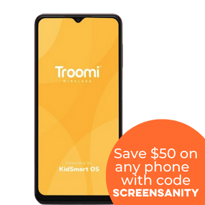 Picture of Troomi on a smartphone and $50 off code