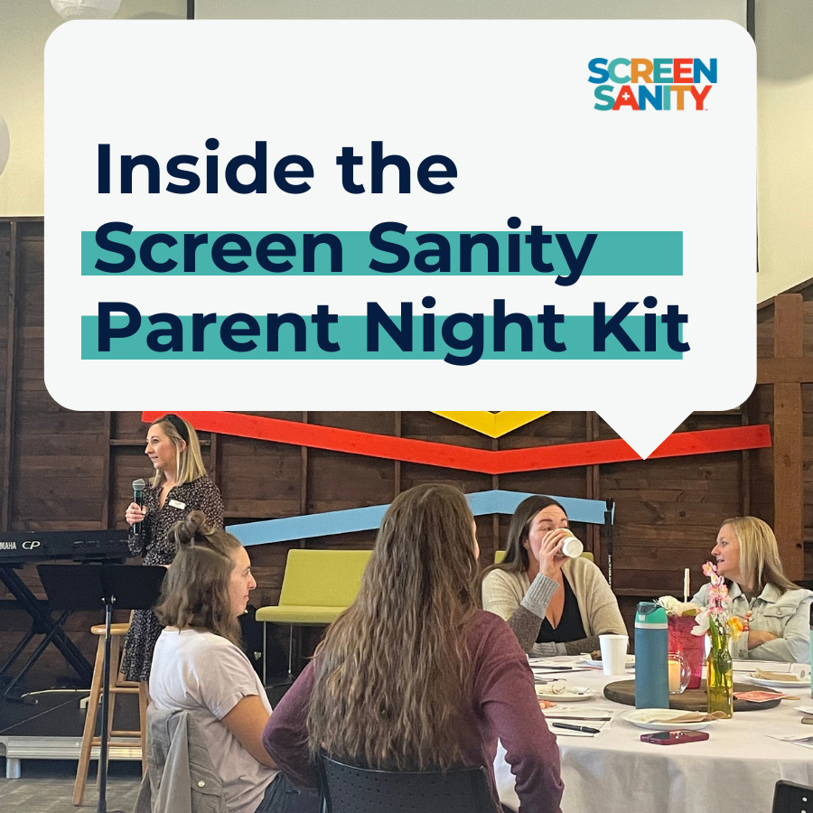 women sitting at a screen sanity parent night event